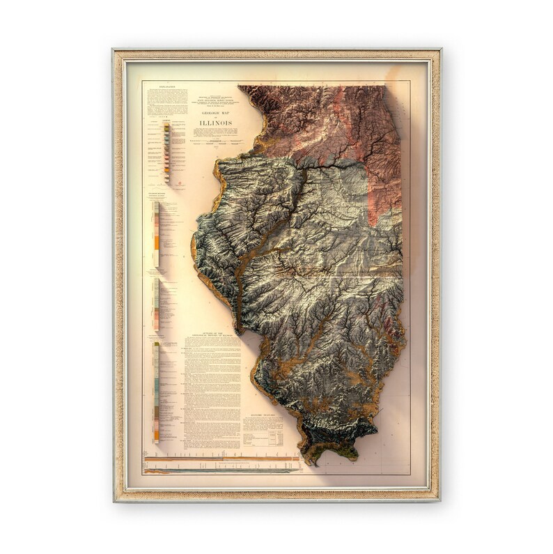 May include: A vintage-style, framed, embossed map of Illinois. The map is in shades of brown, green, and blue, with a key to the geological formations of the state. The map is titled "Geological Map of Illinois".