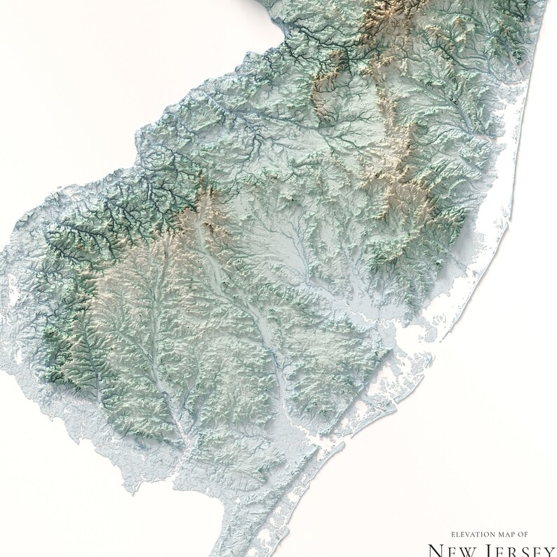 May include: A detailed elevation map of New Jersey, showing the state's topography with shades of green and brown. The map highlights the state's coastal areas and the Delaware River.