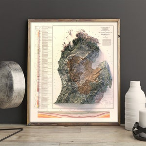 Puede incluir: Un mapa vintage enmarcado de Michigan con un relieve topogr&aacute;fico 3D del estado. El mapa est&aacute; impreso en papel color crema con texto marr&oacute;n y negro. El mapa incluye una l&iacute;nea de tiempo geol&oacute;gica codificada por colores y una clave.