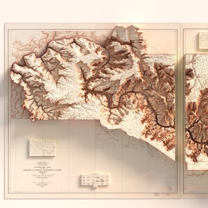 May include: A detailed topographic map of the Grand Canyon National Park in Arizona. The map features a 3D relief, showcasing the canyon's terrain in shades of brown and beige. Includes smaller inset maps and text.