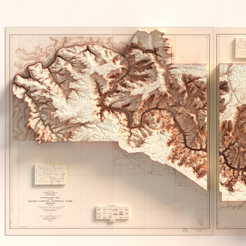 May include: A detailed topographic map of the Grand Canyon National Park in Arizona. The map features a 3D relief, showcasing the canyon's terrain in shades of brown and beige. Includes smaller inset maps and text.