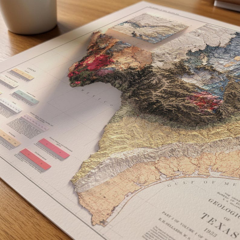 Vintage Texas Geological Map 1933: Relief & Elevation Wall Art, Map Poster Print image 4
