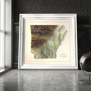 Kunstdruck einer topografischen Karte von Arkansas: Schattiertes Relief als Wanddekoration Bild 6
