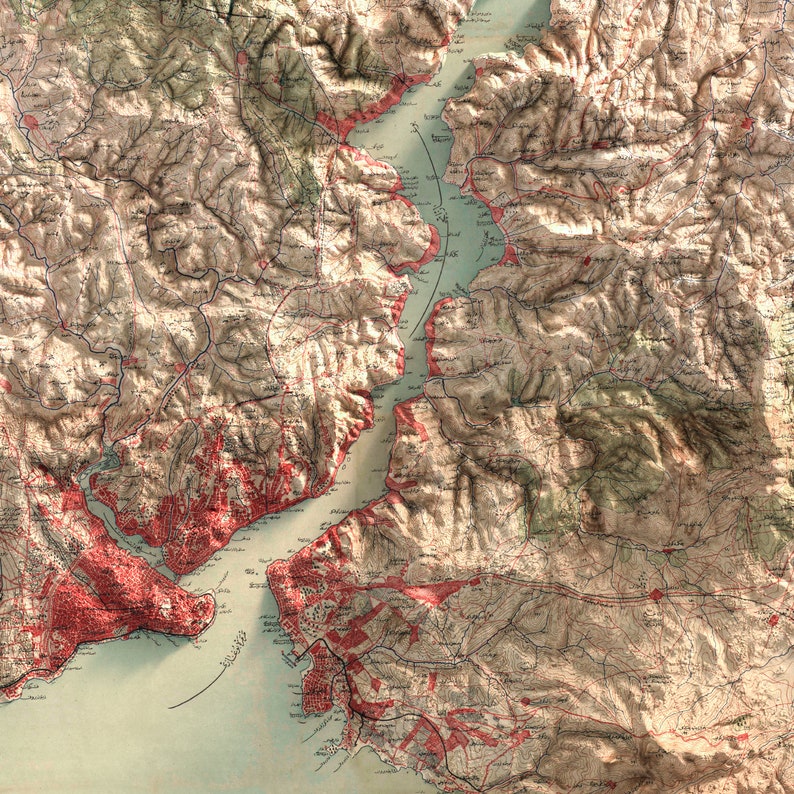 May include: An antique map of a coastal region with a large body of water, likely a bay or inlet. The map is detailed with intricate lines and markings, indicating roads, rivers, and other geographical features. The land is depicted in shades of brown and green, while the water is a light blue. The map is likely from the 19th or early 20th century.