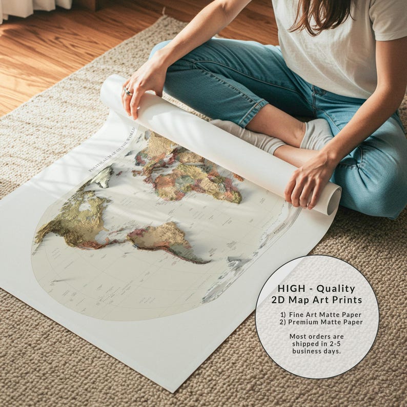 Mapa Político Mundial: Impressão Topográfica de Elevação, Arte de Parede em Relevo, Decoração de Escritório imagem 10