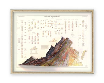 Puede incluir: Un mapa geológico de Virginia de estilo vintage, que muestra las diversas formaciones rocosas y características geológicas del estado. El mapa está enmarcado en un marco de madera clara y presenta un efecto de relieve 3D.