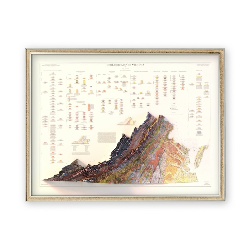 May include: A vintage-style geological map of Virginia, showing the state's diverse rock formations and geological features. The map is framed in a light wood frame and features a 3D relief effect.