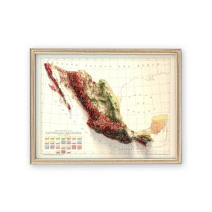 May include: A vintage relief map of Mexico, showing the country's topography with different colors representing different elevations. The map is framed in a light wood frame and has a grid pattern with numbers and letters along the edges. The title "CARTOGRAFIA DE LA REPUBLICA MEXICANA" is printed at the bottom of the map.