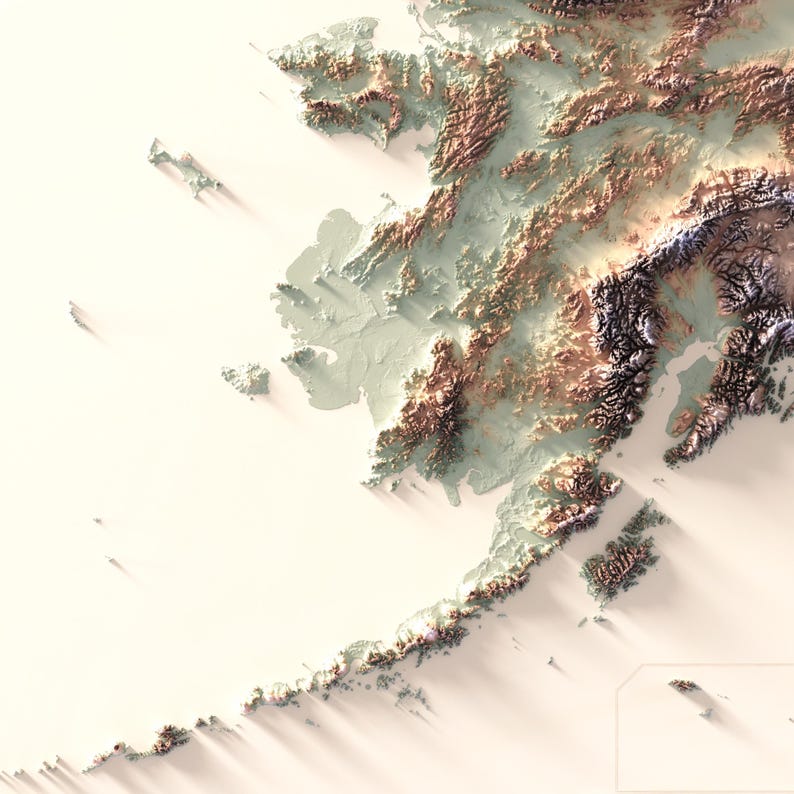 May include: A detailed topographic map of Alaska, rendered in shades of beige, brown, and green. The map highlights the state's mountainous terrain and coastal regions with subtle shadow effects, creating a 3D effect. The overall aesthetic is clean and modern.