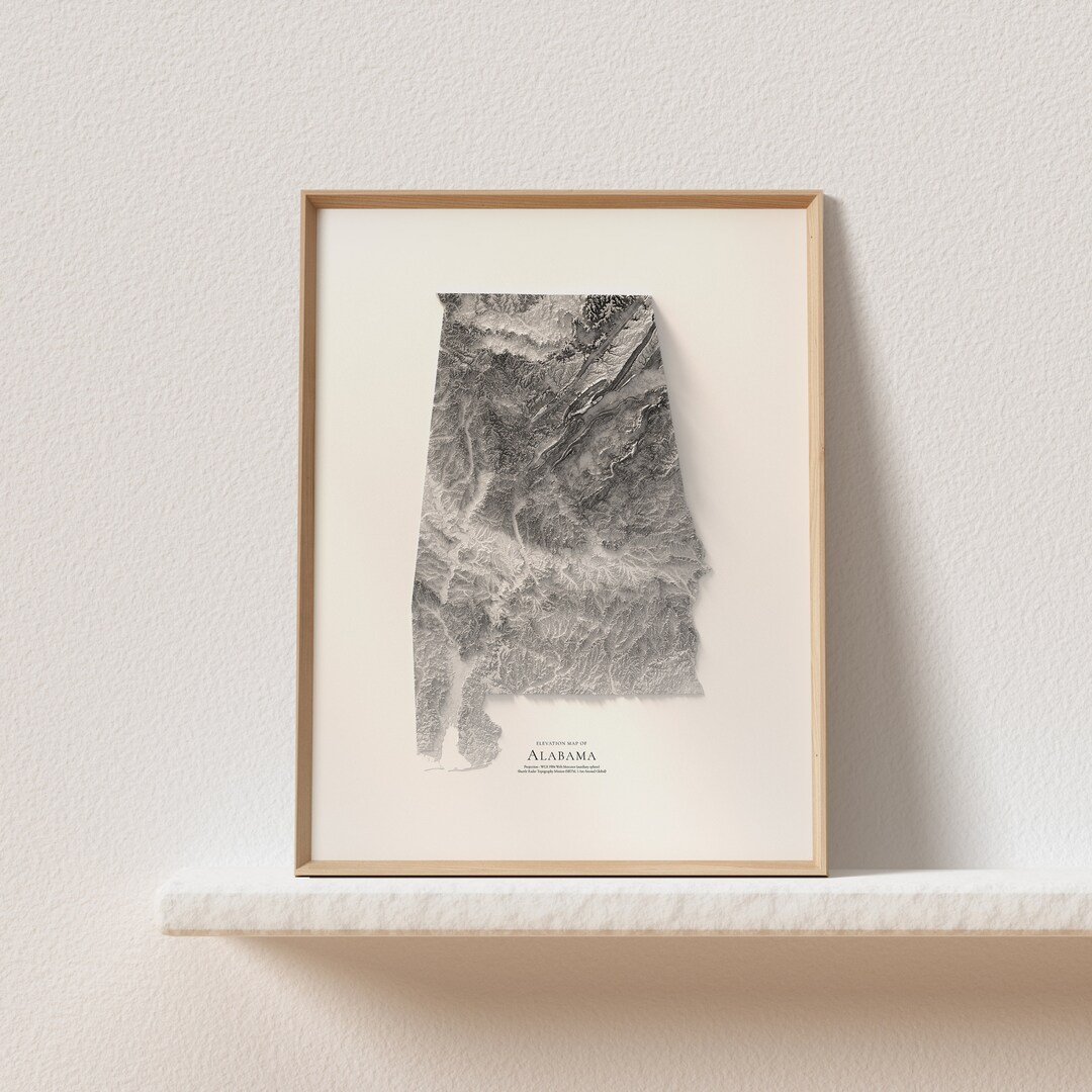 Alabama BW Shaded Relief Map Wall Decor Topography Giclée Print on Fine ...
