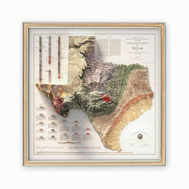 1916 Texas Geological Map Print, Shaded Relief Wall Art, Antique Style Decor image 8