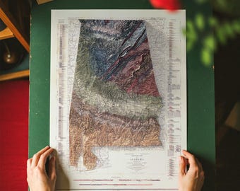Geological Map of Alabama 1926: Vintage Relief Map Art, Home Decor, Housewarming Gift
