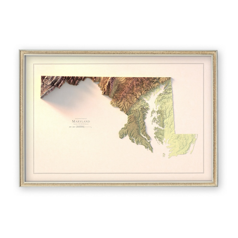 May include: A framed topographic map of Maryland with a beige background and a gold frame. The map is in relief, showing the state's mountains, valleys, and coastline. The title "Topographic Map of Maryland" is printed in black at the bottom of the map.