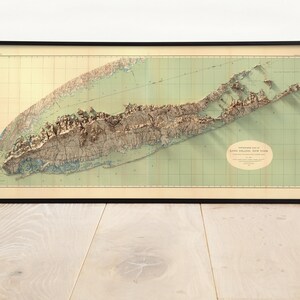 Image of the 1913 Long Island Topographic Map, Framed in a modern living room, blending vintage charm with contemporary decor for a timeless wall art statement.