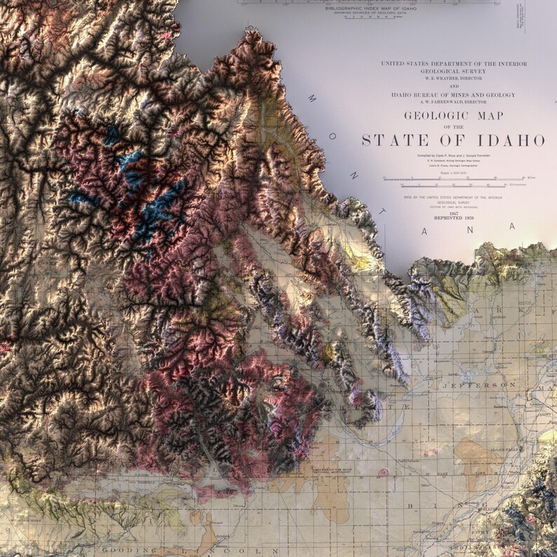 May include: A detailed geological map of the State of Idaho, featuring a 3D topographic representation. The map displays varied colors, highlighting different geological formations. Text includes "GEOLOGIC MAP OF THE STATE OF IDAHO" and the names of counties.
