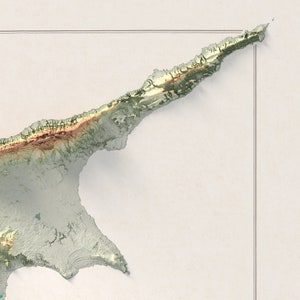 May include: A topographic map of Cyprus, a Mediterranean island nation. The map shows the island's mountainous terrain, with shades of green, brown, and beige representing different elevations.