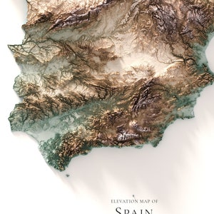 Pode incluir: Um mapa de eleva&ccedil;&atilde;o detalhado da Espanha, mostrando a topografia do pa&iacute;s com diferentes tons de marrom, verde e branco para representar as diferentes eleva&ccedil;&otilde;es. O mapa est&aacute; sobre um fundo branco.