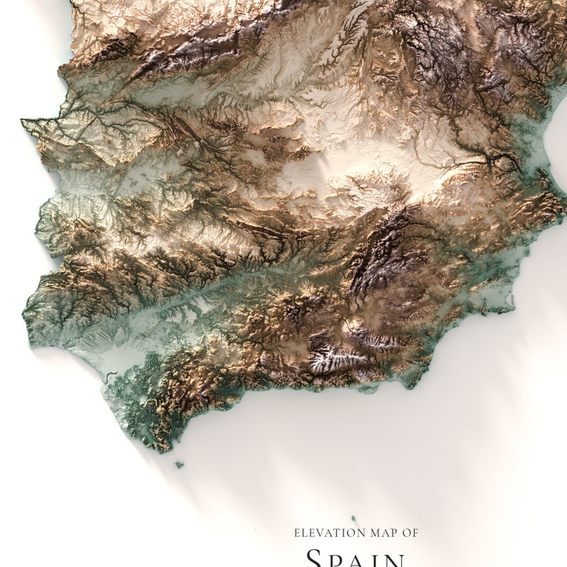 Pode incluir: Um mapa de eleva&ccedil;&atilde;o detalhado da Espanha, mostrando a topografia do pa&iacute;s com diferentes tons de marrom, verde e branco para representar as diferentes eleva&ccedil;&otilde;es. O mapa est&aacute; sobre um fundo branco.
