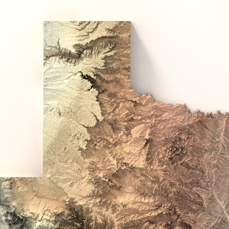 May include: A topographic map of the state of Texas, showing the elevation changes in the landscape. The map is in shades of brown and beige, with the highest elevations shown in darker brown.