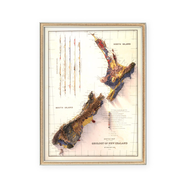 May include: A vintage map of the geology of New Zealand, showing the North and South Islands in a 3D style. The map is labeled "Sketch Map of the Geology of New Zealand" and "A. McKay, F.G.S."