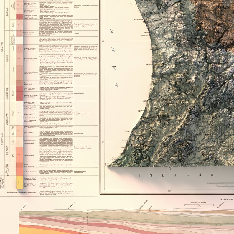 Puede incluir: Un mapa geol&oacute;gico vintage de Indiana, que muestra la topograf&iacute;a del estado y sus formaciones geol&oacute;gicas. El mapa presenta una clave detallada codificada por colores que identifica los diferentes tipos de rocas y formaciones. El mapa tambi&eacute;n incluye un diagrama de secci&oacute;n transversal que muestra las capas de roca debajo de la superficie.