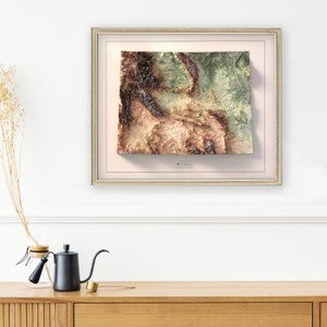 May include: A framed topographic map of Wyoming with a raised 3D effect. The map is printed on a cream-colored background with a light brown frame.