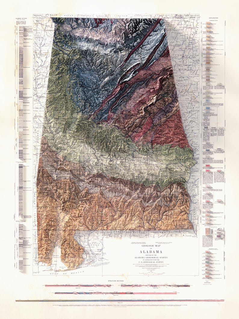 Geological Map of Alabama 1926: Vintage Relief Map Art, Home Decor, Housewarming Gift image 2