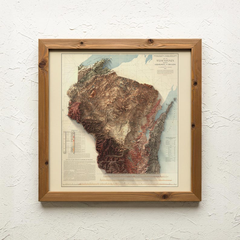 Mapa geológico de Wisconsin de 1911: relieve topográfico, lámina artística de estilo vintage, elegante decoración de pared. imagen 4