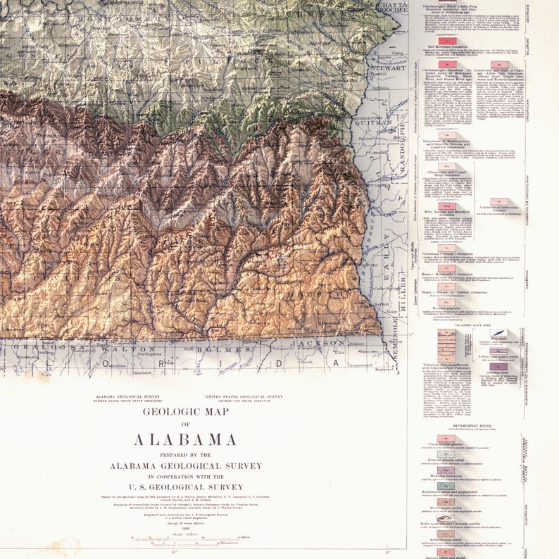 Geological Map of Alabama 1926: Vintage Relief Map Art, Home Decor, Housewarming Gift image 3