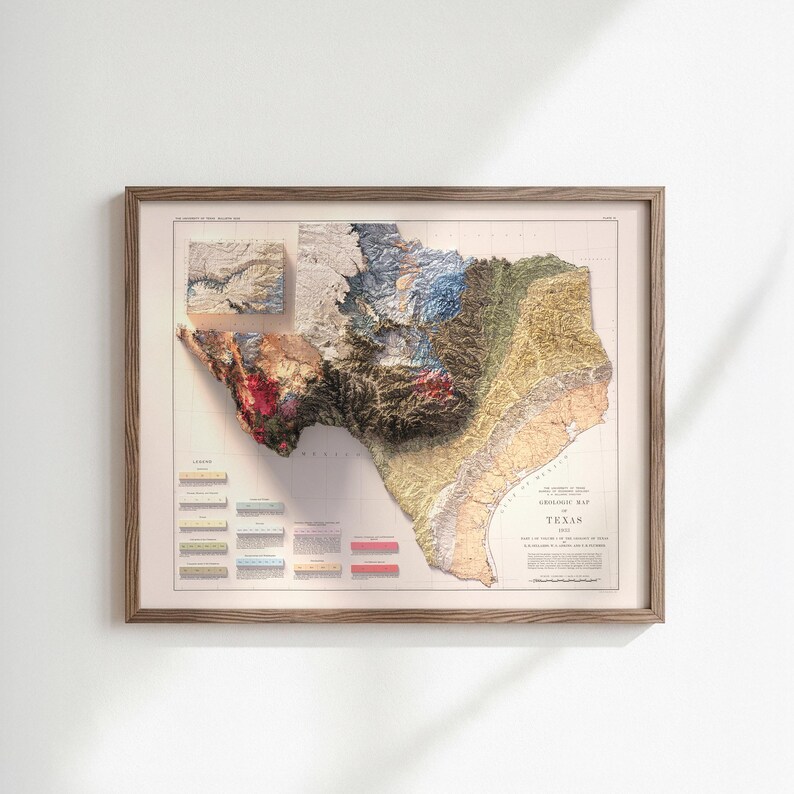 Vintage Texas Geological Map 1933: Relief & Elevation Wall Art, Map Poster Print image 5
