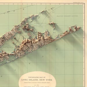 View of the 1913 Long Island topography, highlighting realistic shading, vibrant colors, and crisp topography for a stunning wall decor gift.