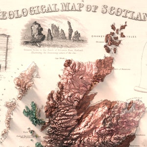 Może przedstawiać: Antyczna mapa geologiczna Szkocji, przedstawiająca szczeg&oacute;łową ilustrację terenu i formacji skalnych kraju. Mapa jest wydrukowana w odcieniach brązu, zieleni i r&oacute;żu, z etykietami tekstowymi wskazującymi r&oacute;żne lokalizacje i cechy geologiczne. Mapa zawiera mały wkładkowy obraz przedstawiający granitowe skały na Szetlandach, ilustrujący erozję wywołaną przez morze.