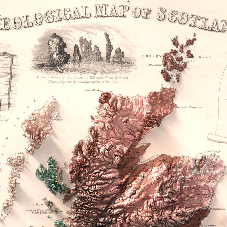 Może przedstawiać: Antyczna mapa geologiczna Szkocji, przedstawiająca szczeg&oacute;łową ilustrację terenu i formacji skalnych kraju. Mapa jest wydrukowana w odcieniach brązu, zieleni i r&oacute;żu, z etykietami tekstowymi wskazującymi r&oacute;żne lokalizacje i cechy geologiczne. Mapa zawiera mały wkładkowy obraz przedstawiający granitowe skały na Szetlandach, ilustrujący erozję wywołaną przez morze.