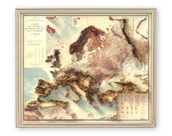 Puede incluir: Un mapa vintage de Europa con un efecto 3D, que muestra las placas tectónicas del continente. El mapa está enmarcado en un marco dorado y tiene un título en francés: "Carte Tectonique Internationale de l'Europe 1:2 500 000 1964".