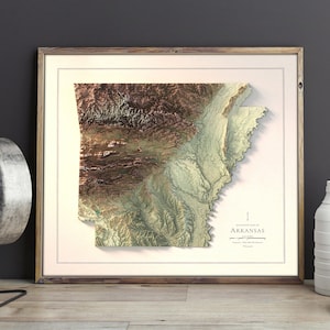 Kunstdruck einer topografischen Karte von Arkansas: Schattiertes Relief als Wanddekoration Bild 4