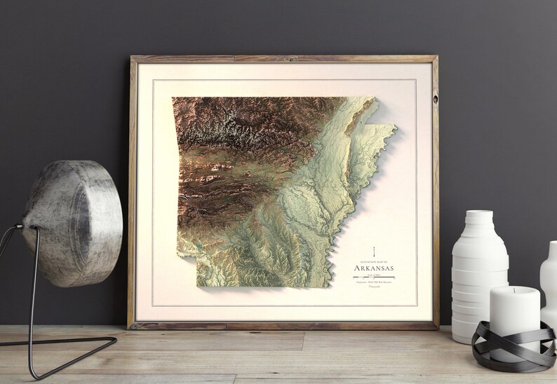 Kunstdruck einer topografischen Karte von Arkansas: Schattiertes Relief als Wanddekoration Bild 4