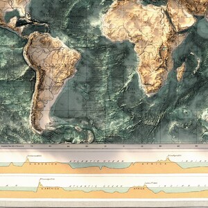 Pu&ograve; includere: Una mappa del mondo vintage con effetto rilievo 3D, che mostra i continenti in tonalit&agrave; beige e marrone, e gli oceani in verde e blu. La mappa include linee di contorno dettagliate e una sezione trasversale del fondale marino.