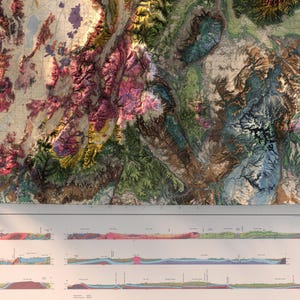 May include: A detailed geological map of a mountainous region with a cross-section view of the rock layers. The map shows different rock formations and geological features, including mountains, valleys, and rivers. The cross-section view shows the different layers of rock that make up the mountain range.