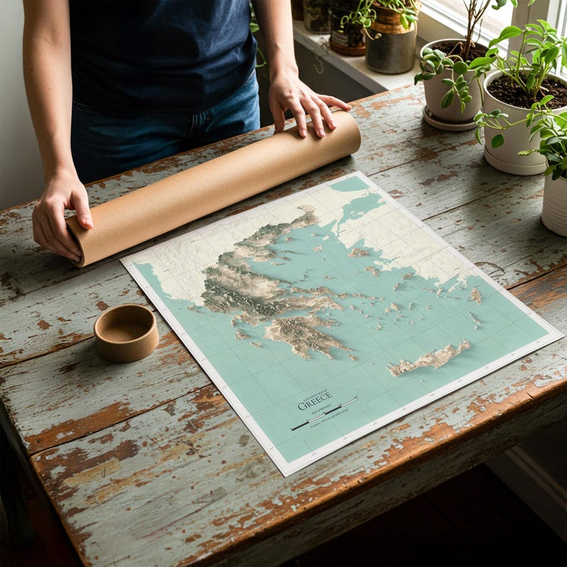 May include: A square paper map of Greece featuring a three-dimensional relief style with a light teal ocean background and white grid lines. The map includes the text GREECE and a scale bar in the bottom corner, presented with a brown cardboard tube.