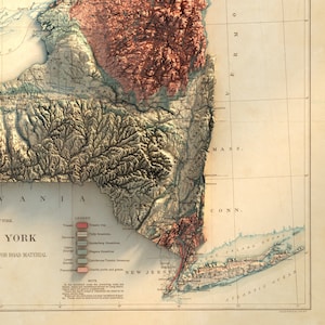 May include: A detailed vintage map of New York State, featuring a 3D relief effect. The map highlights geological features with color-coded areas and includes a legend. The map is printed on aged paper, with text indicating geological formations.