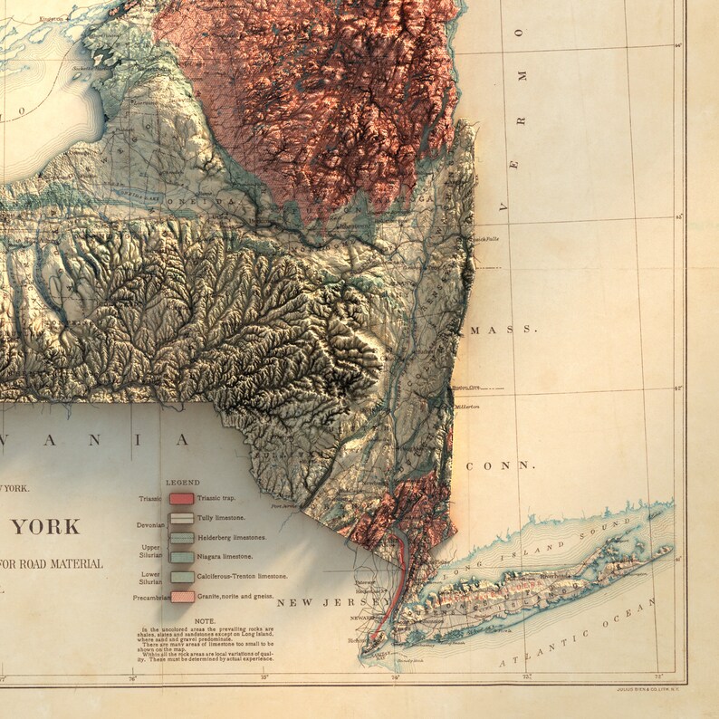 May include: A detailed vintage map of New York State, featuring a 3D relief effect. The map highlights geological features with color-coded areas and includes a legend. The map is printed on aged paper, with text indicating geological formations.