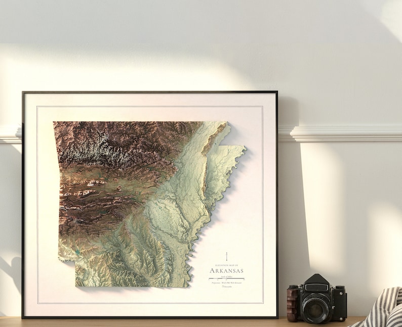 Kunstdruck einer topografischen Karte von Arkansas: Schattiertes Relief als Wanddekoration Bild 5