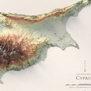 May include: An elevation map of Cyprus, showing the island's topography with different shades of green, brown, and beige. The map includes a scale in kilometres and a compass rose.
