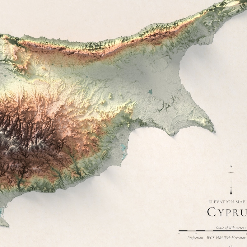 May include: An elevation map of Cyprus, showing the island's topography with different shades of green, brown, and beige. The map includes a scale in kilometres and a compass rose.