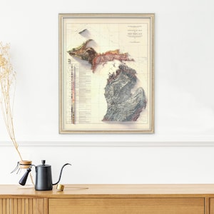 Michigan Geological Map 1916: Topographic Relief Art Print, Wall Decor, Unique Map Gift image 4