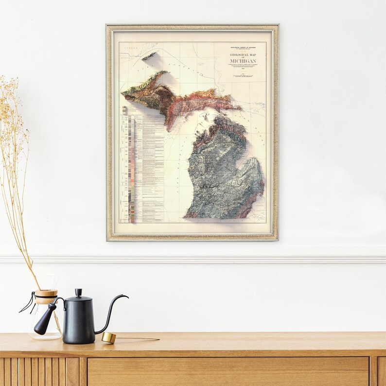 Michigan Geological Map 1916: Topographic Relief Art Print, Wall Decor, Unique Map Gift image 4