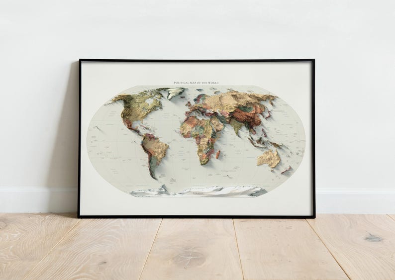 Mapa Político Mundial: Impressão Topográfica de Elevação, Arte de Parede em Relevo, Decoração de Escritório imagem 2