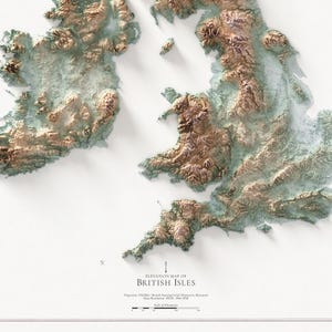 May include: An elevation map of the British Isles, featuring a detailed 3D rendering of the islands. The map uses a color gradient to represent elevation, with shades of brown and green. The text "Elevation Map of British Isles" is displayed.