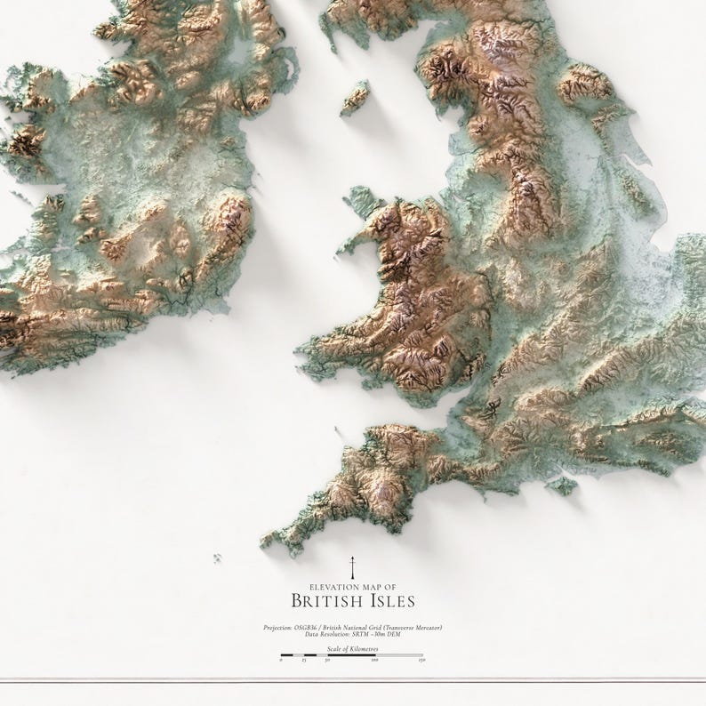 May include: An elevation map of the British Isles, featuring a detailed 3D rendering of the islands. The map uses a color gradient to represent elevation, with shades of brown and green. The text "Elevation Map of British Isles" is displayed.