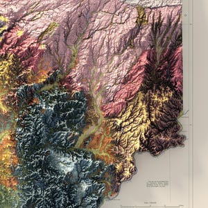 May include: A detailed 3D topographic map of a mountainous region, rendered in a palette of pinks, yellows, greens, and blues. The map's intricate details highlight elevation changes. The map provides a visually rich representation of the terrain, with a scale indicated in miles.
